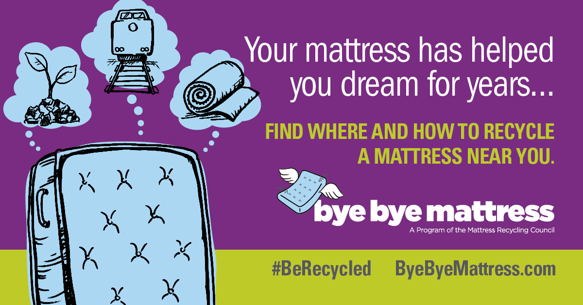 Social media creative with a mattress thinking of all the items it could become when recycled. The text reads 'Your mattress has dreamed for years... Find where and how to recycle a mattress near you.'