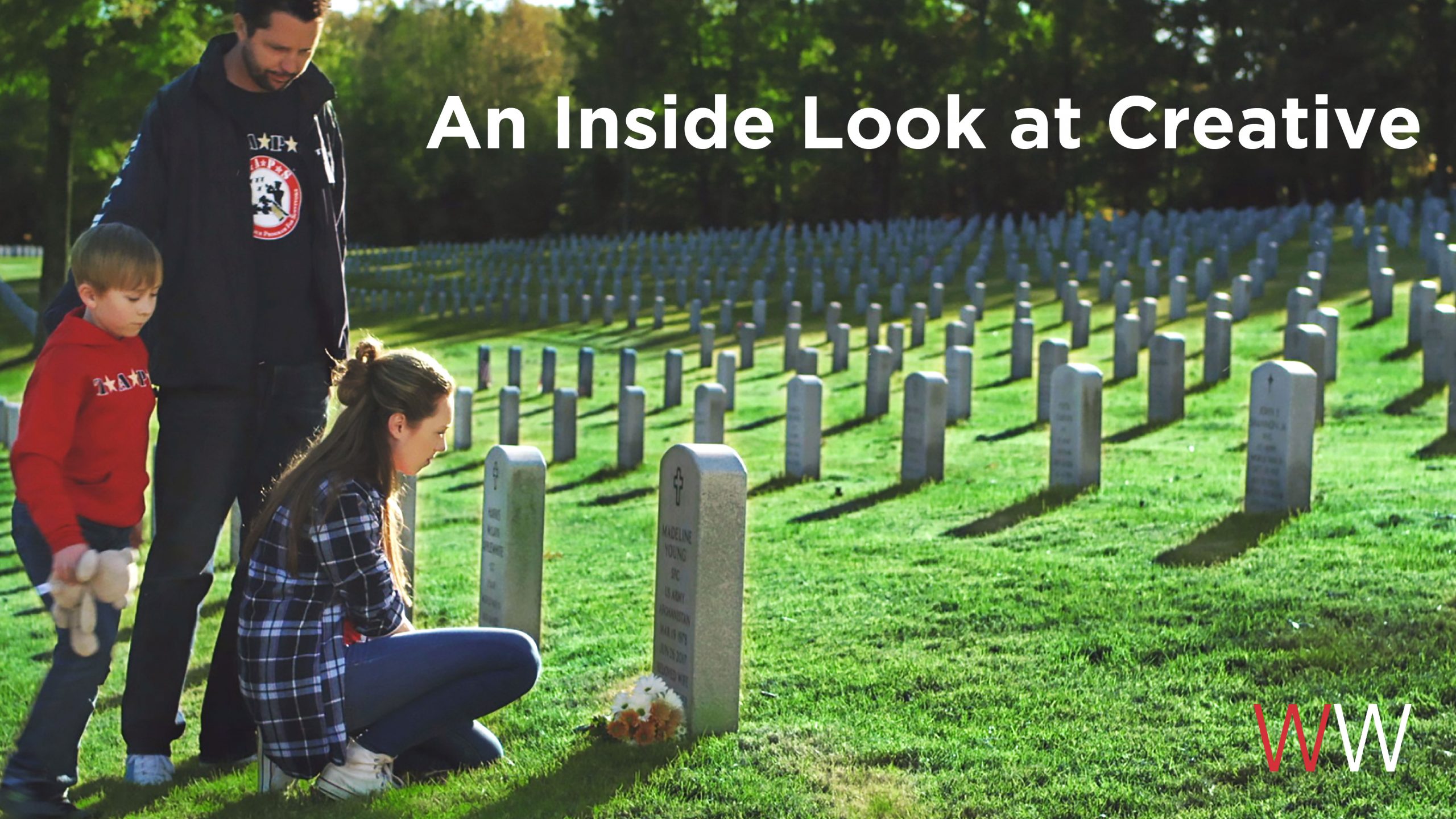 Man, girl and little boy at a gravesite in a cemetary. The text laid over the image reads "An inside look at creative."