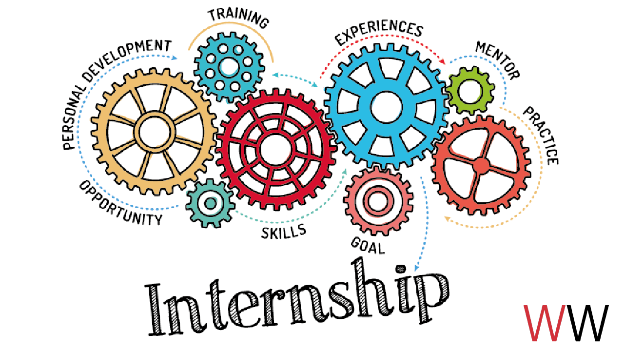 Wheels and gears with the word "internship" underneath.